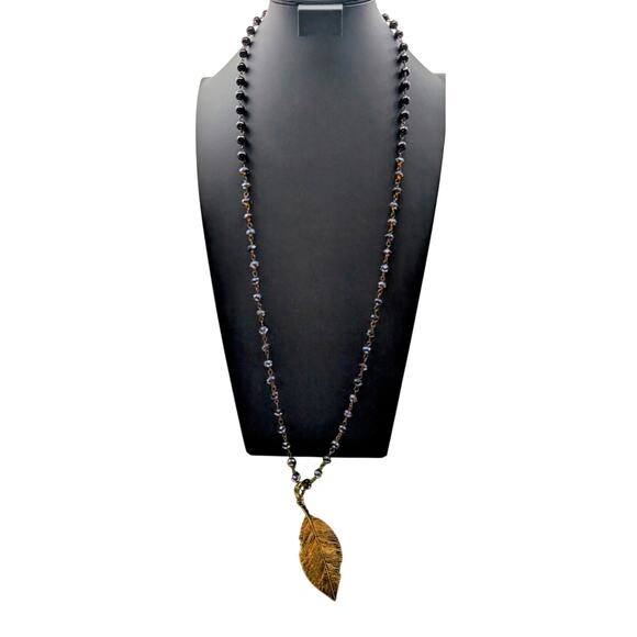 Antiqued Brown Crystal Glass Bead Rosary Chain Bronze Leaf Pendant 36" Necklace - Picture 1 of 5